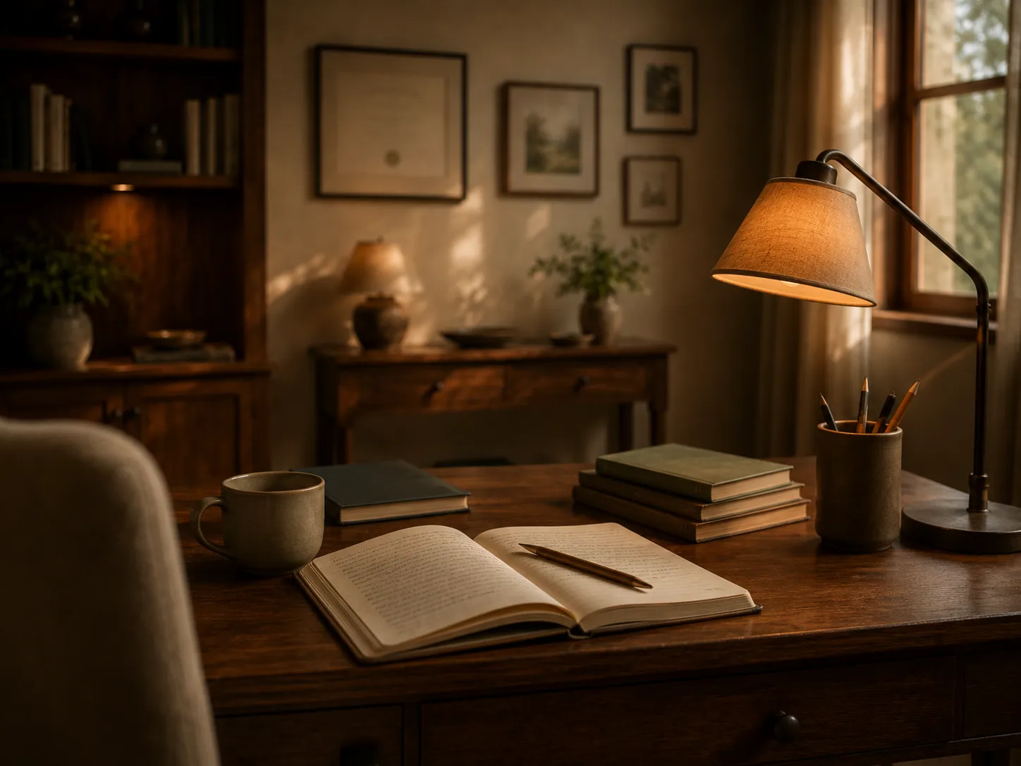 Bureau avec carnet, crayon et livres sous une lumière chaude.