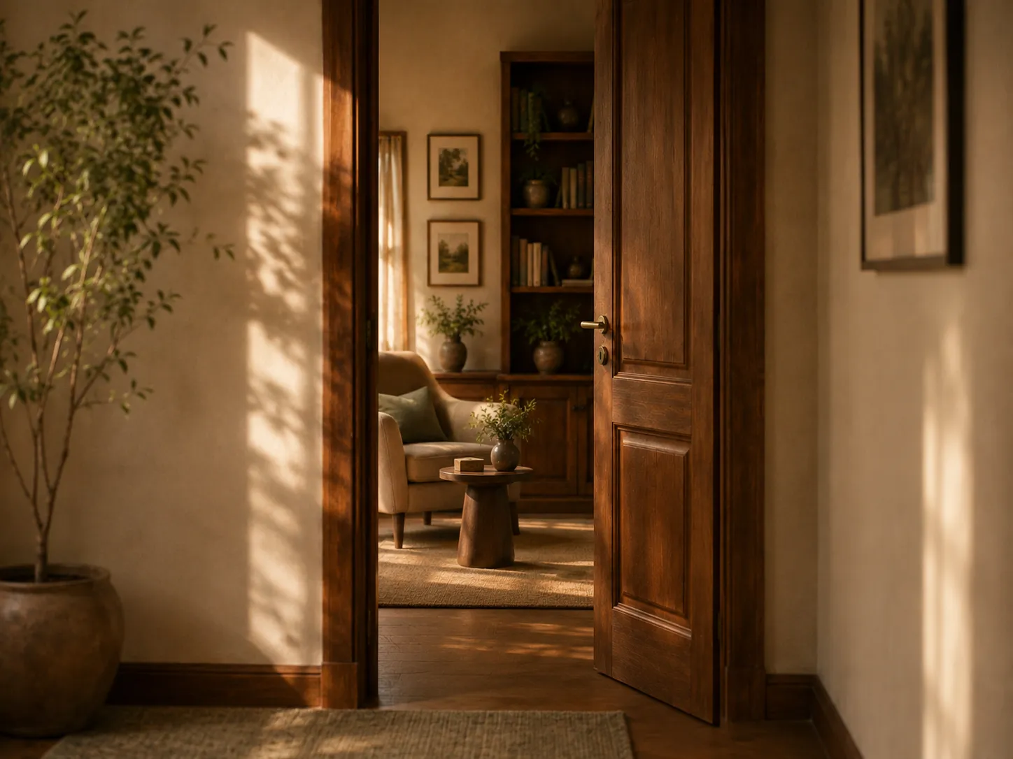 Porte de bureau en bois avec poignée en laiton, dans un couloir lumineux.