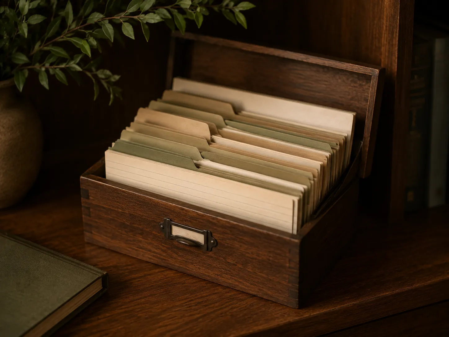 Fiches et intercalaires soigneusement rangés dans une boîte de bureau.