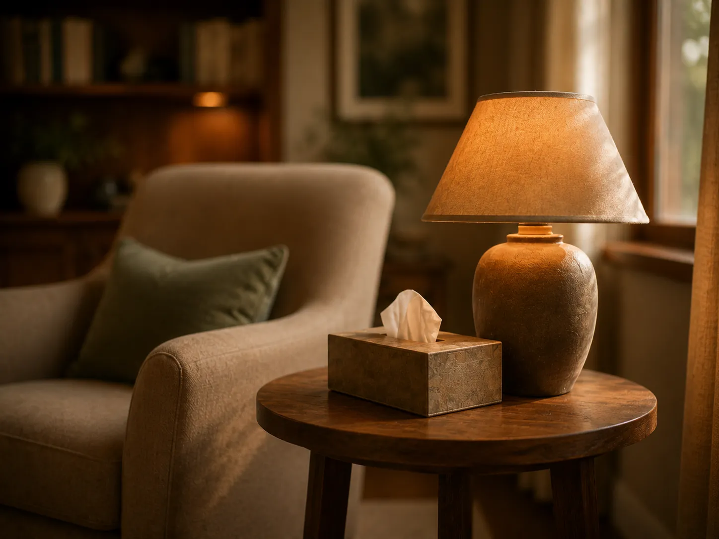 Petite table d’appoint et lumière douce dans une pièce de consultation.